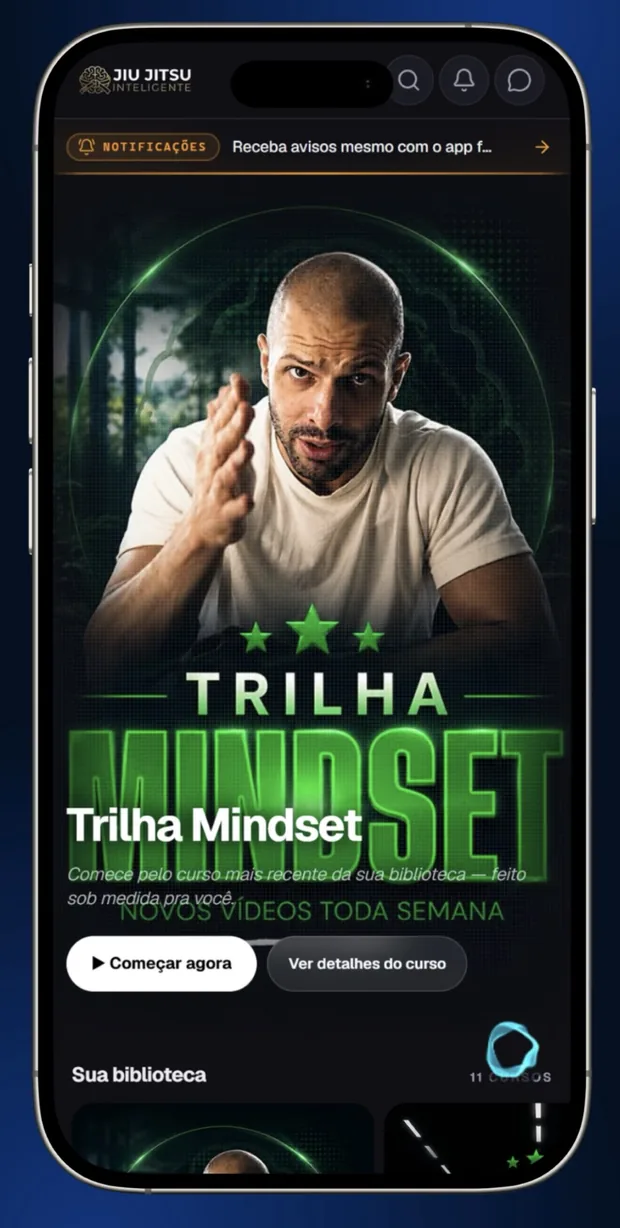 Tela inicial do aplicativo Jiu-Jitsu Inteligente mostrando a Trilha Mindset